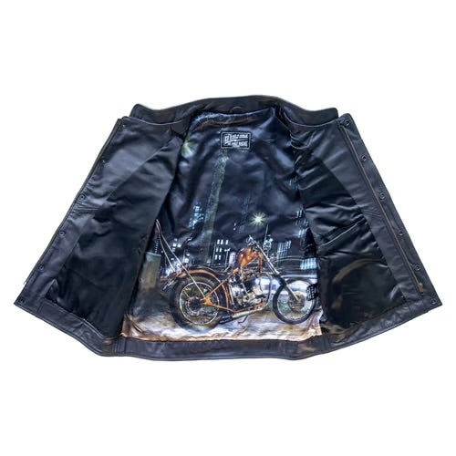 Tommy & Sons – Innenansicht Lederjacke mit Motorradmotiv im Futter