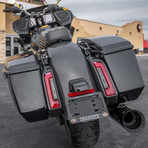 Harley-Davidson Touring mit Carbon-Heckfender und Seitenkoffern – Heckansicht
